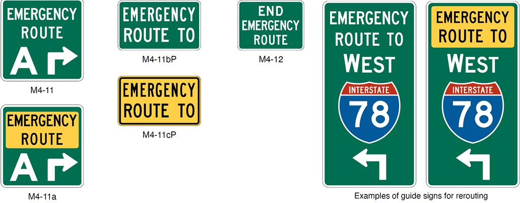 EMERGENCY ROUTE sign examples in the 11th Edition of the MUTCD, published in 2023. 