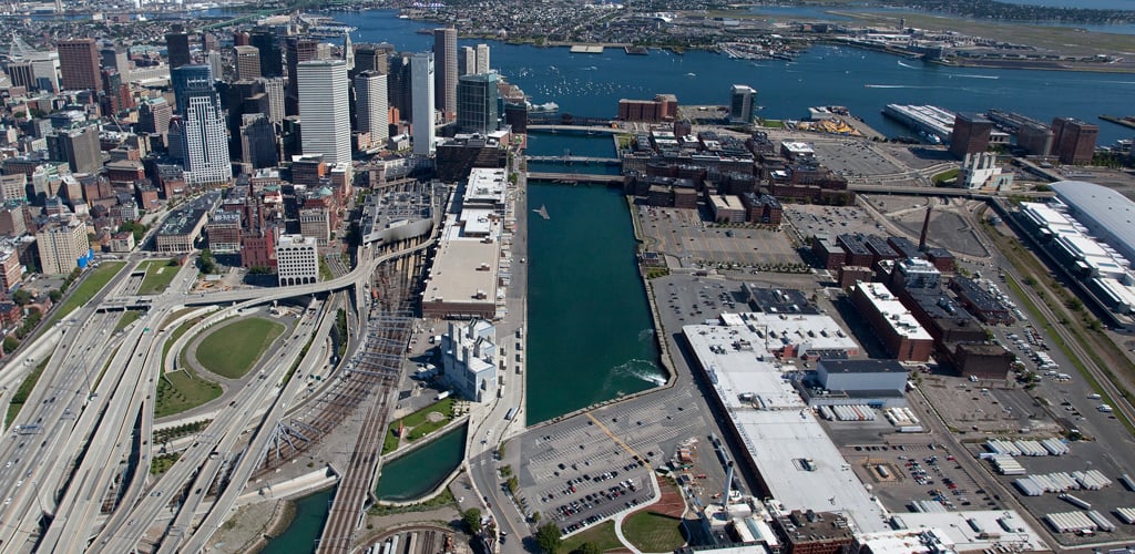 An aerial view of Boston South Station rail lines.